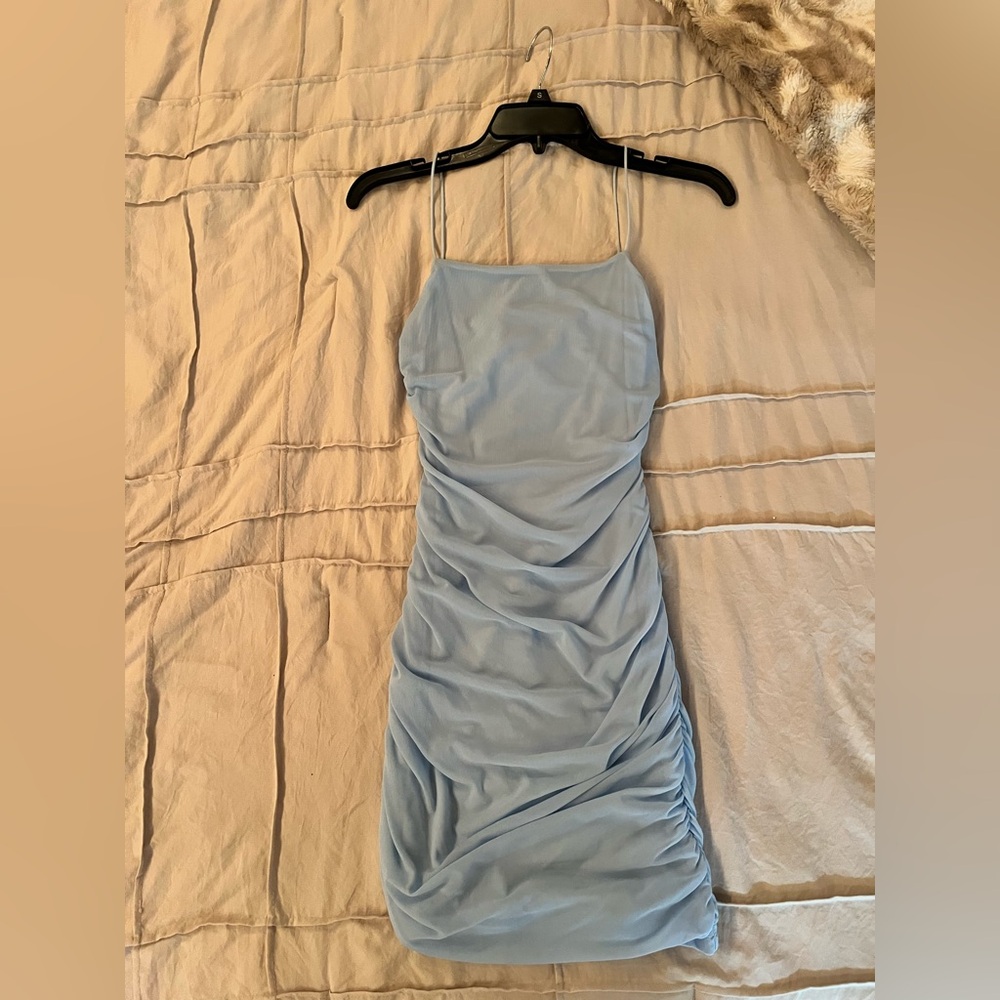 Hello Molly Sky Blue Ruched Midi Slip Dress